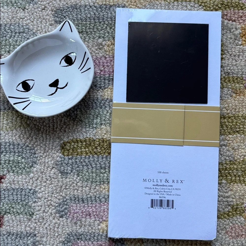 Cat x 2 Molly & Rex Girlish Cat with flower notepad + white cat face bowl